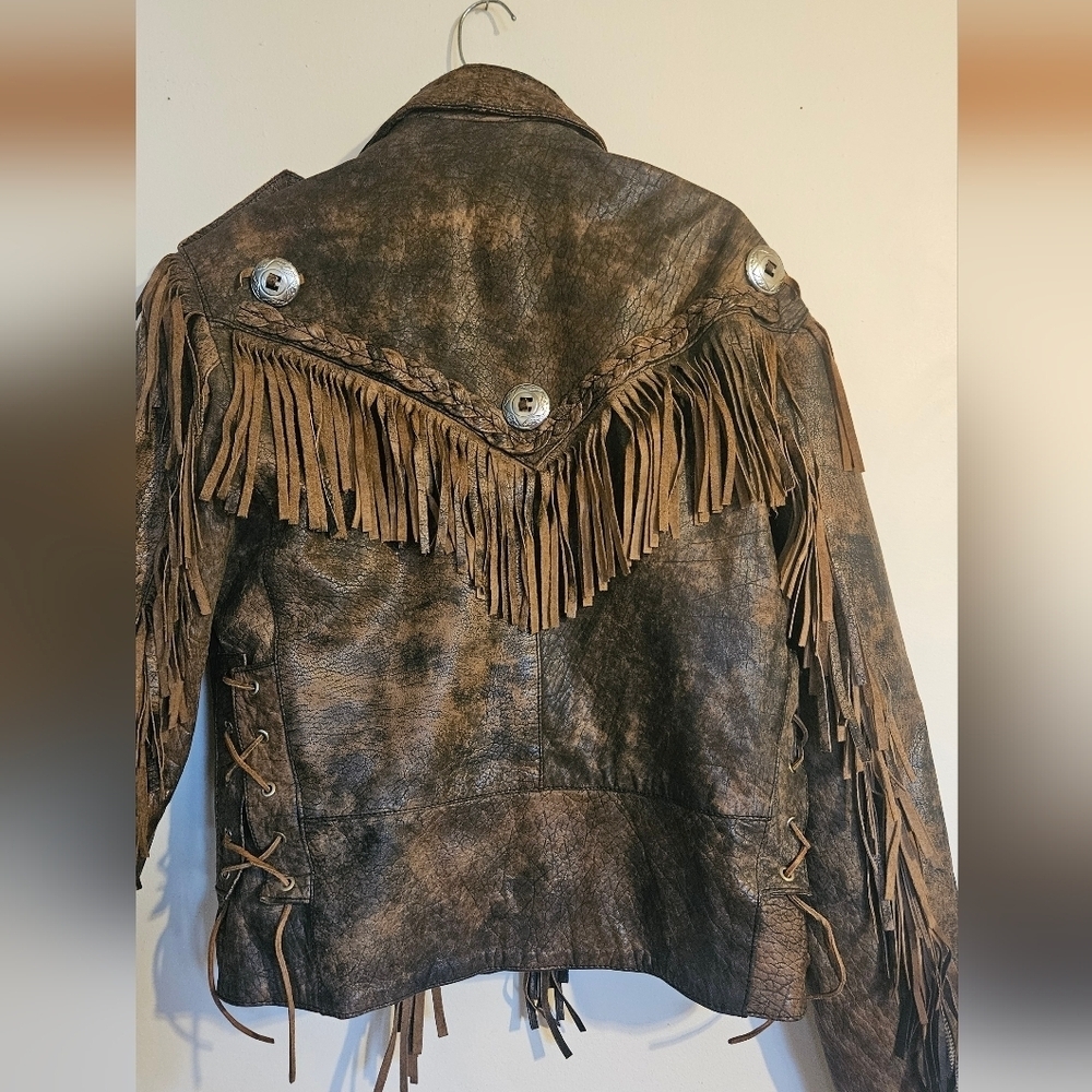 Vintage Western Fringe Real Leather Jacket Brown Distressed Boho Biker Cowgirl - Picture 3 of 16